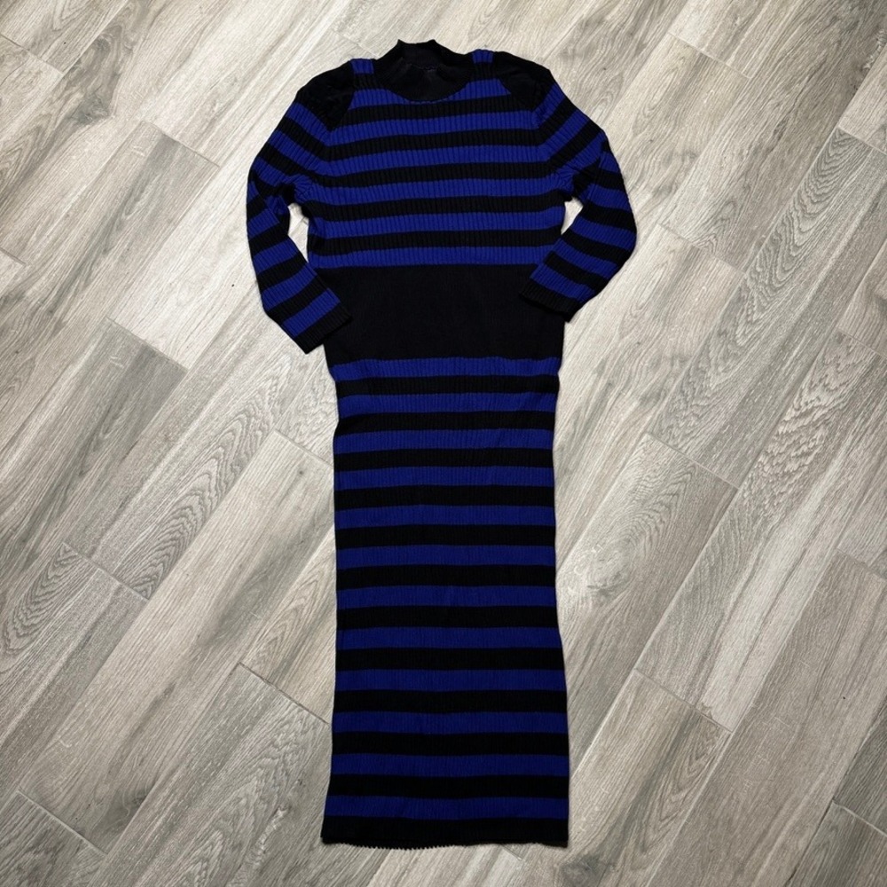 Gabrielle Union NY&Co Blue Black Striped Ribbed Knit Maxi Bodycon Dress XXL